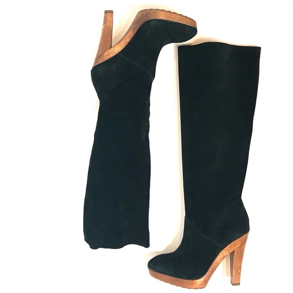 KORS Tall Black Suede Genuine Wood Platform Boots - Picture 2 of 15